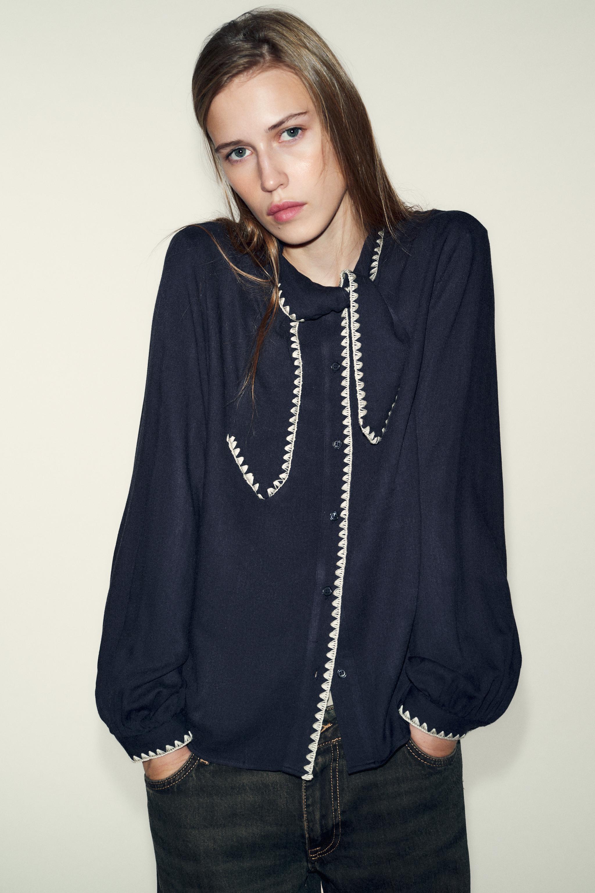 CONTRAST TOPSTITCHING TIE BLOUSE